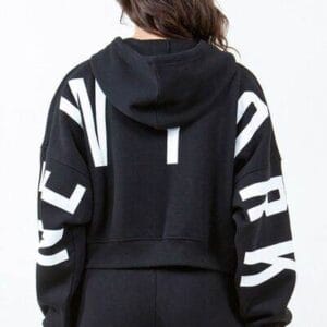 American Bazi Letter Graphic Long Sleeve Drawstring Cropped Hoodie