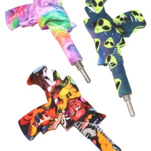 (Assorted) 6″ Decal Silicone Martian Ray-Gun Dab Straw