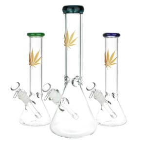 Gold Hemp Leaf Glass Beaker Water Pipe | 14mm F | Colors Vary