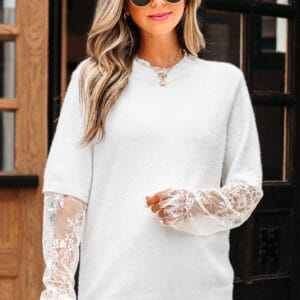 Samantha Lace Sleeve Two-piece Fuzzy Sweater