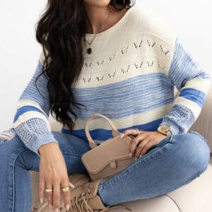 Light Blue Open Stitch Puff Sleeve Sweater