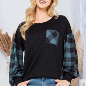 Plaid Contrast Bell Sleeve Sweater Knit
