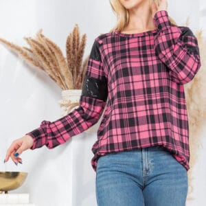 Plaid Print Pullover with Sequin Foil Contrast