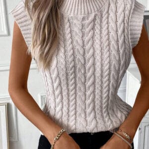 Black Ribbed Trim High Neck Knit Sweater Vest
