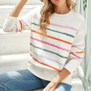 Colorful Striped Ribbed Trim Round Neck Sweater
