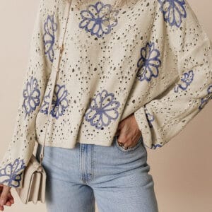 Women Flower Print Eyelet Drop Shoulder Sweater
