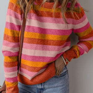 Women Color Block Ribbed Edge Round Neck Sweater