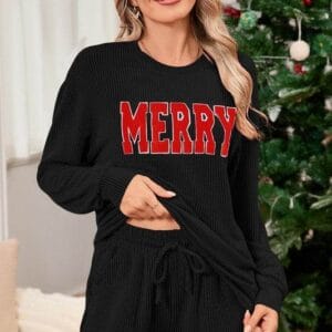 Corded MERRY Long Sleeve Top and Shorts Pajama Set