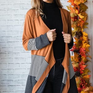 Orange Colorblock Striped Patchwork Open Cardigan