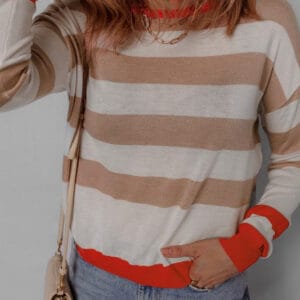 Women Striped Round Neck Drop Shoulder Sweater