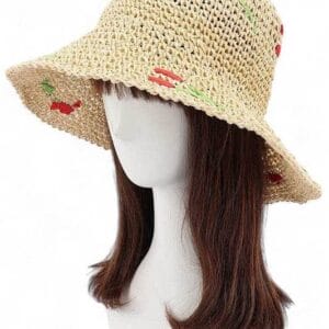 Cherry Embroidered Crochet Straw Bucket Hat