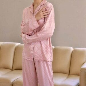 Pink Squared Button Front Long Sleeves Pajama Set