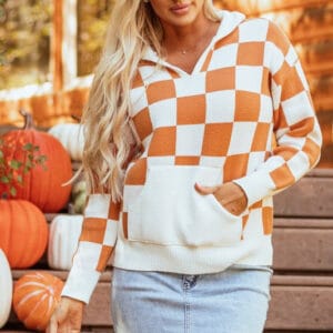 Lila Checkered Kangaroo Pocket Hooded Sweater
